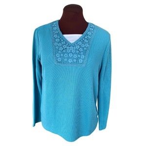 Speculation Petites NWT Womens Long Sleeve Embroidered Yoke Larkspur Top Size PS